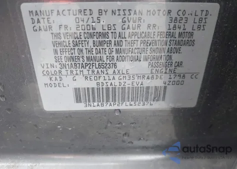 2015 Nissan Sentra S/Sv/Sr/Sl из США, поврежденный, VIN 3N1AB7AP2FL652376